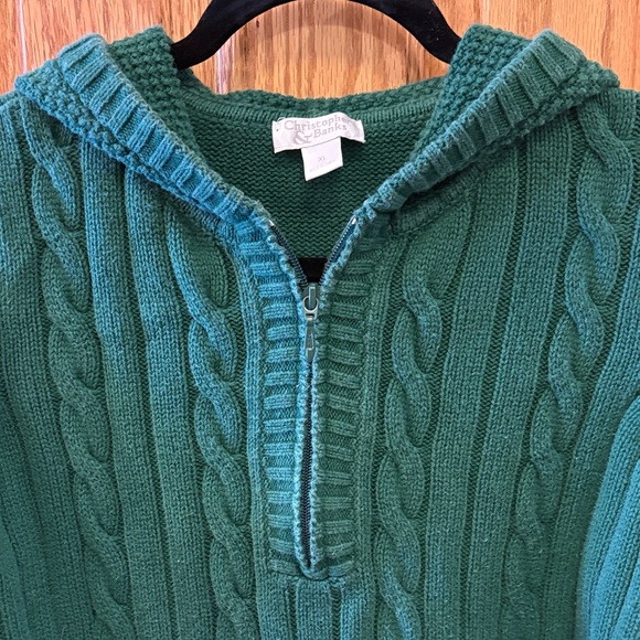 Christopher & Banks Emerald Green V-Neck Cable Knit Hoodie Sweater - Picture 3 of 11